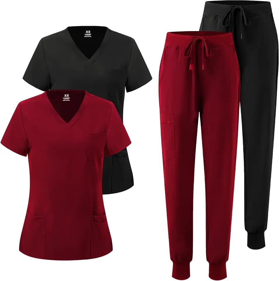 2 Pack Scrubs for Women Set - Stretch V-Neck & Jogger Pant with 9 Pockets