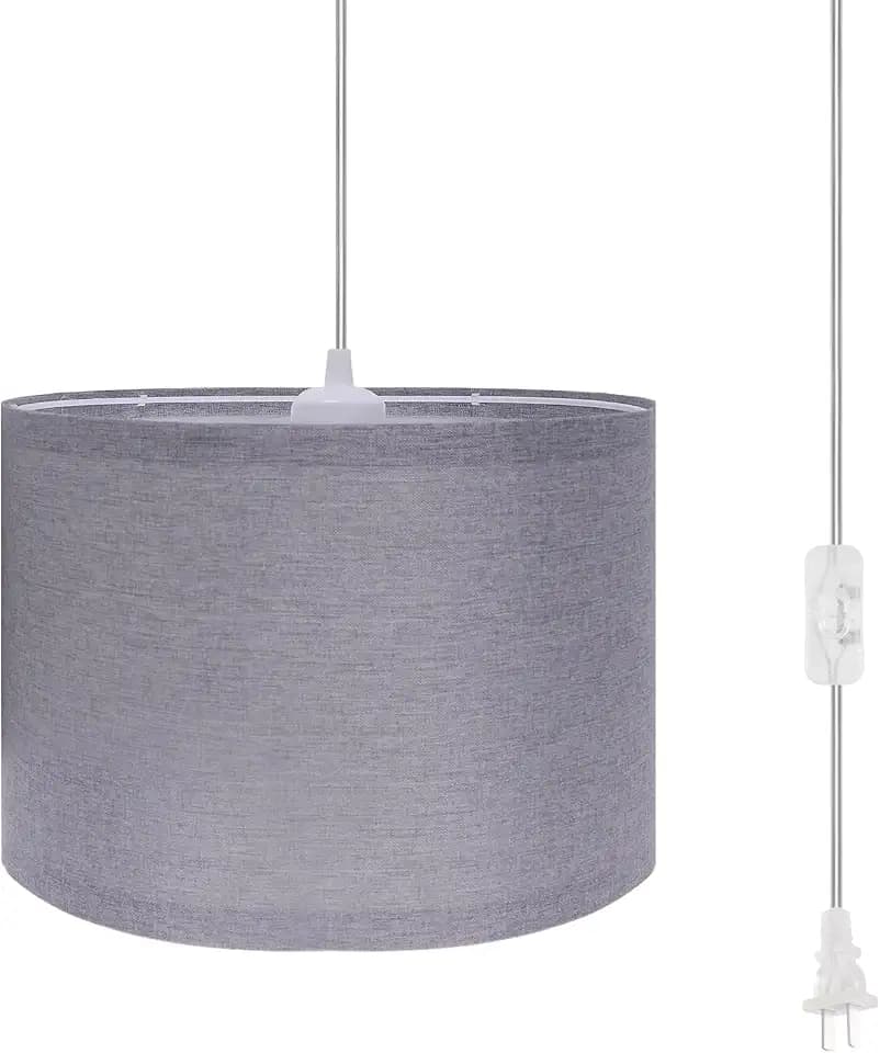 Hanging Lamp Plug in Pendant Light, 15Ft Hanging Lights with Plug in Cord, On/Off Switch, Linen Shade, E26/E27 Bulb Socket Hanging Lamp for Living Room, Bedroom, Dining Room, Kitchen, Gray