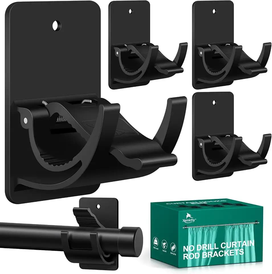 No-Drill Curtain Rod Brackets, 4 Pack Adhesive Holders for Rental Homes