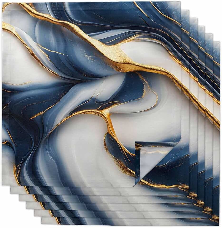 Navy Blue Gold Dinner Napkins Cloth Set of 6, Premium Polyester Napkins 20 x 20 Inch, Marble Modern Art Abstract Gradient Gray Washable and Reusable Table Napkins for Wedding Cocktail Hotel