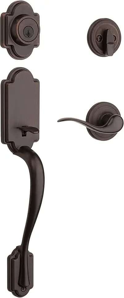 Kwikset Arlington Front Door Lock Handle and Deadbolt Set, Entry Door Handleset Exterior with Tustin Interior Reversible Lever, Venetian Bronze, Pick Resistant SmartKey Rekey Deadbolt Security