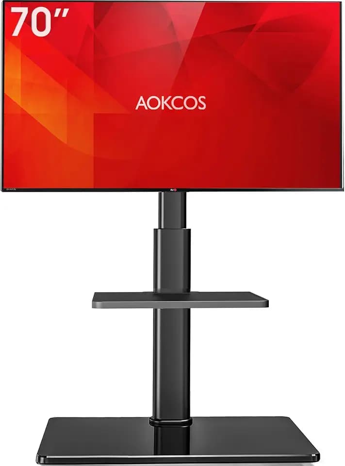 AOKCOS TV Ständer TV Bodenständer für 32-70 Zoll Fernseher bis zu 40 KG, TV Standfuß mit 2 Stufigen Ablagen, Fernsehstand Höhenverstellbar Schwenkbar Neigbar, Max. VESA 400x400mm (Schwarz)