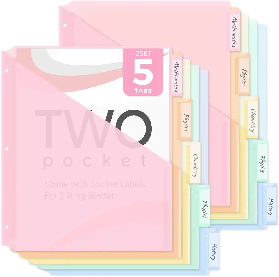 SKYDUE Binder Dividers with Two Pockets, 2Sets, 5 Tabs Dividers for 3 Ring Binder, Plastic Binder Dividers with Tabs for School, Office, and Home Organization,Pink