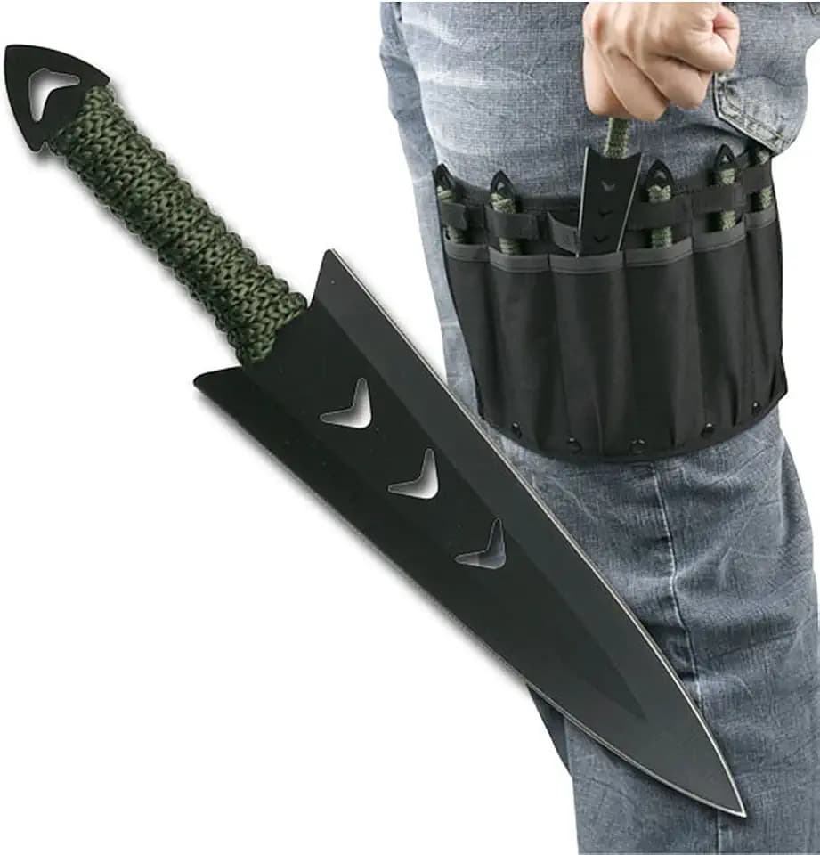 Perfect Point Throwing Knives – Set of 6 – Cord Wrapped Handles, Nylon Sheath, Full Tang Construction, Well Balanced, Throwing Sport Knives (040 Green)