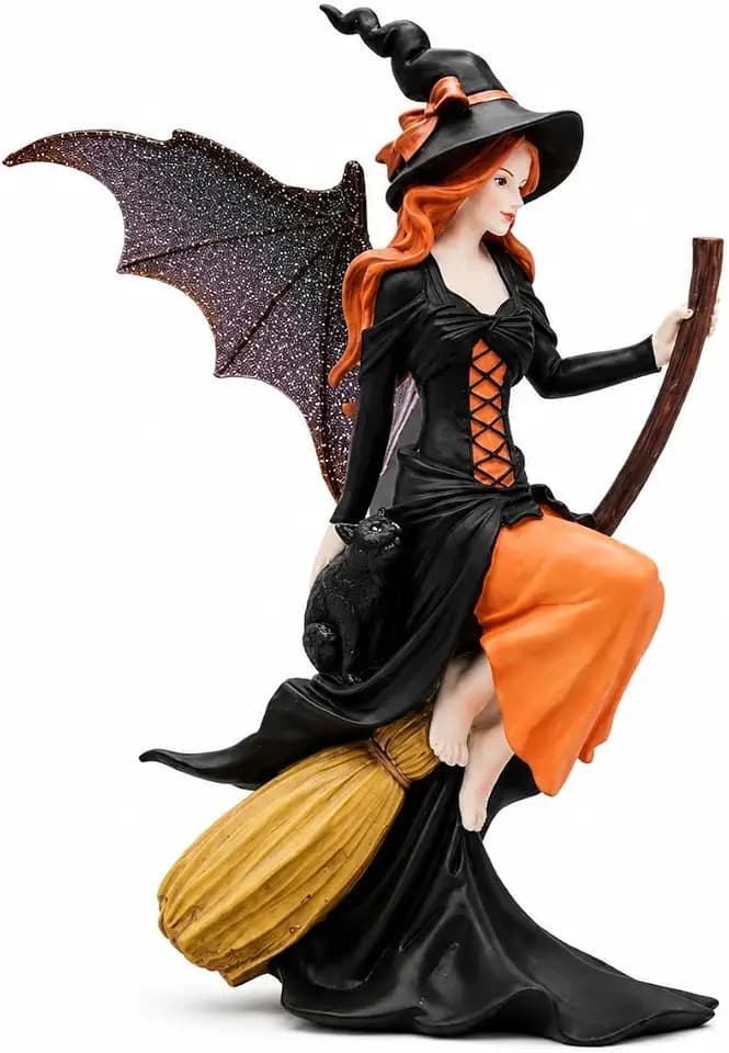 Comfy Hour Witch Figurine 8 Inch, Gothic Fairy Statue on Broom, Orange and Black Halloween Witch Statue, Polyresin Fairy Figurine for Indoor Shelf Mantel Tabletop Decor, 1 Unit