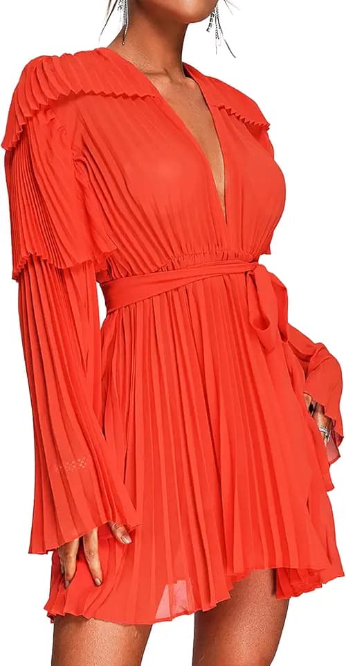 BELLA BARNETT Fashion Mini Orange Chiffon Trendy Pleated Dress Sexy with Long Flare Cocktail Dress