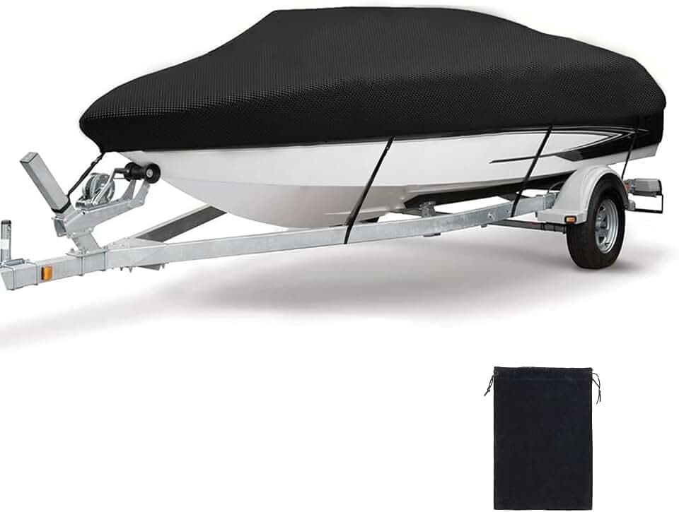 Heavy Duty Waterproof Boat Cover, PU Marine Grade Polyester Boats Covering, UV Resistant Bass Boat Cover, Fits V-Hull Tri-Hull Fish&SkiBoat, Runabout (17'-19', Beam Width up to 96")