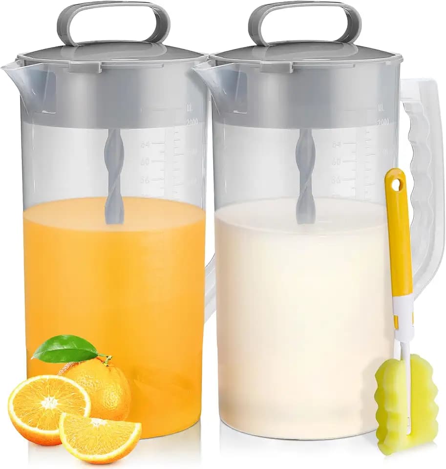 Mixing Pitcher for Drinks, 2 Quart/ 64oz Plastic Water Pitcher with Lid, Angled Plastic Blades and Adjustable Mixer Plunger for Juice, Powdered Milk, Beverage Container (Two)