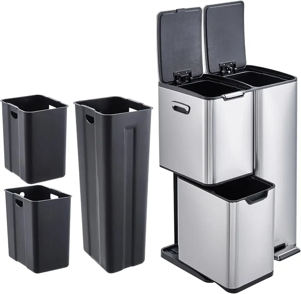 16 Gal Recycle Bins for Kitchen, Triple Compartment Garbage Can with Lid, Stainless Steel Trash and Recycling Bin Combo with Inner Bucket & Foldable Foot Pedal for Home Office, Silver