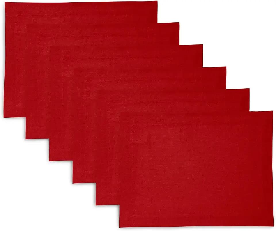 Solino Home 100% Linen Placemats Red Prewashed, Sonoma 14 x 19 in, Set of 6