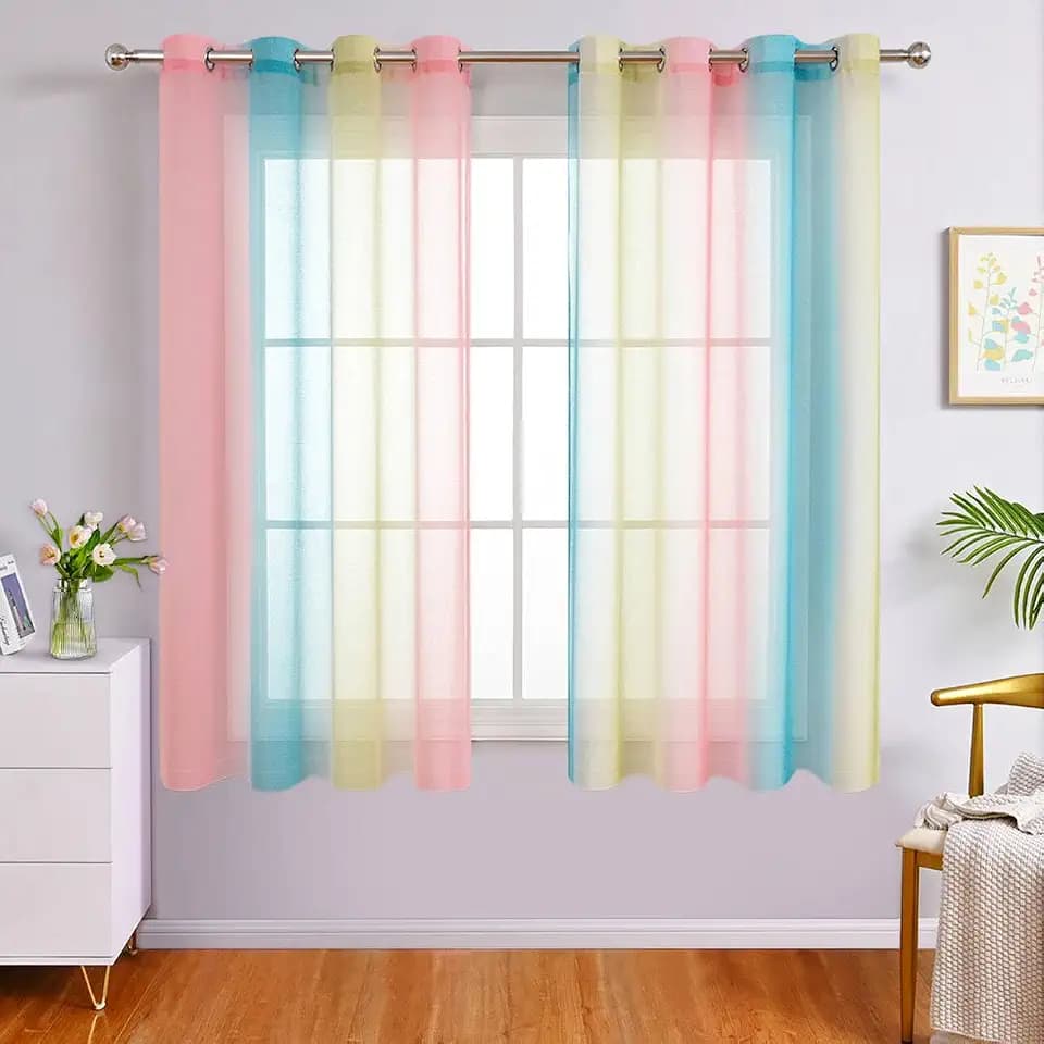 WUBODTI Colorful Curtains for Girls Bedroom Nursery Kids Room Decor 63 Inch Length, Grommet Pink Yellow and Blue Ombre Curtains Cute Faux Linen Semi Sheer Rainbow Curtains 2 Panels for Party