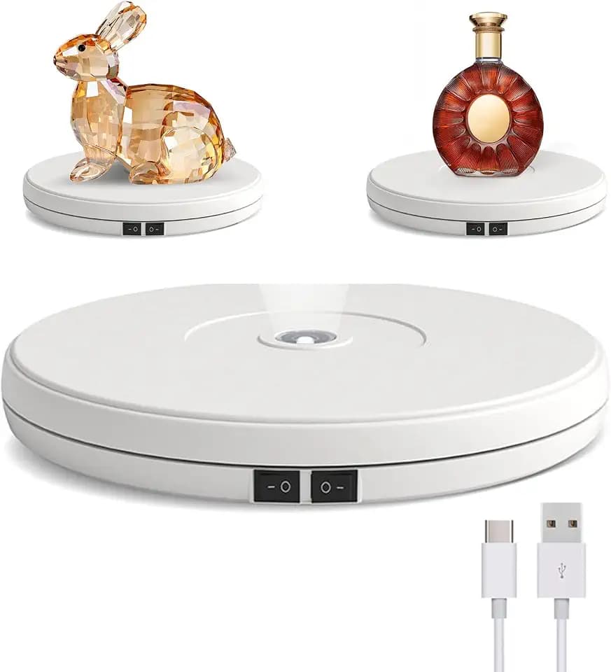 YVV LED Rotating Display Stand White 10 Inch 360° Motorized Turntable with LED Light, USB Powered Display Base for Product Photography, Jewelry Showcase, 22lb Capacity