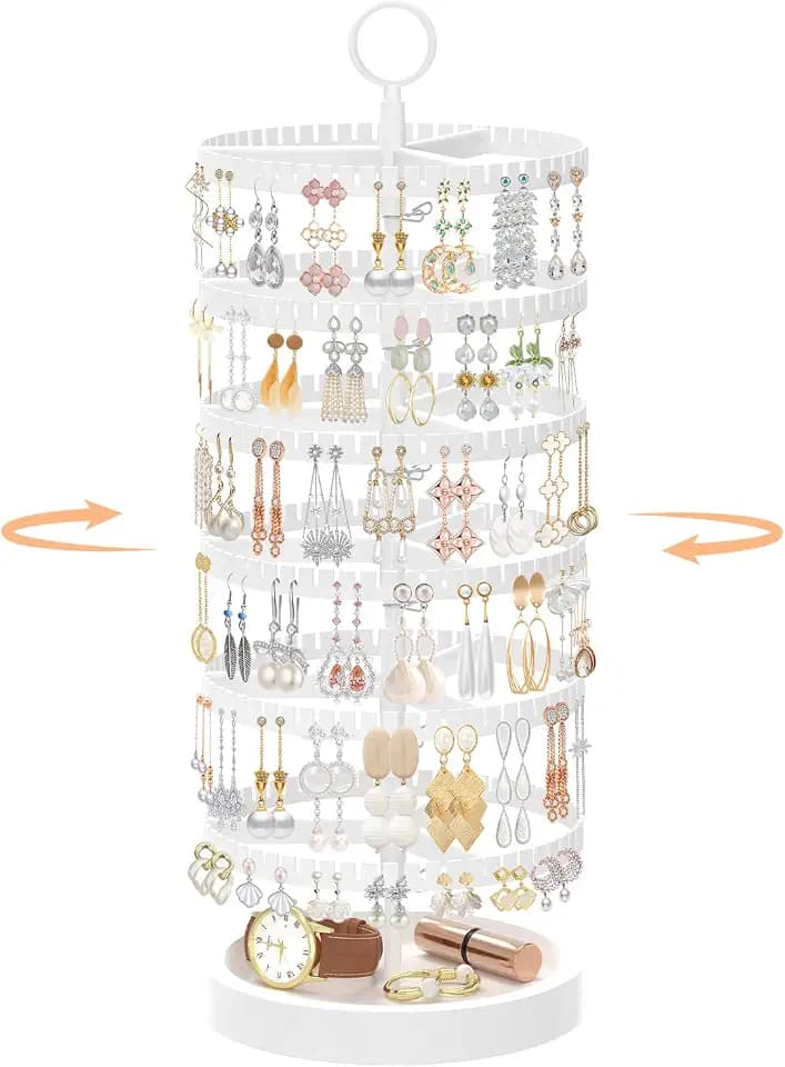 iDavosic.ly 6 Tier Rotating Earring Holder Organizer, Wood Tray, White