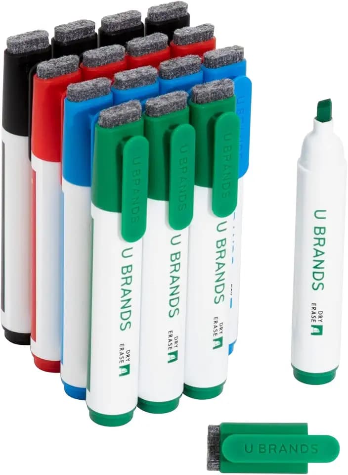 U Brands Dry Erase Markers Chisel Tip Set, 16 Pack, Assorted Colors, Whiteboard Pens with Chisel Point and Built In Eraser Caps, Low Odor Ink, Dry Erase Markers For Classroom, Office, Or Home