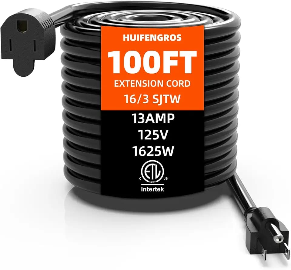 100 FT Outdoor Extension Cord | Black Extension Cord Waterproof, 16 Gauge 13Amps 125V, SJTW, ETL Listed, Indoor/Outdoor Use