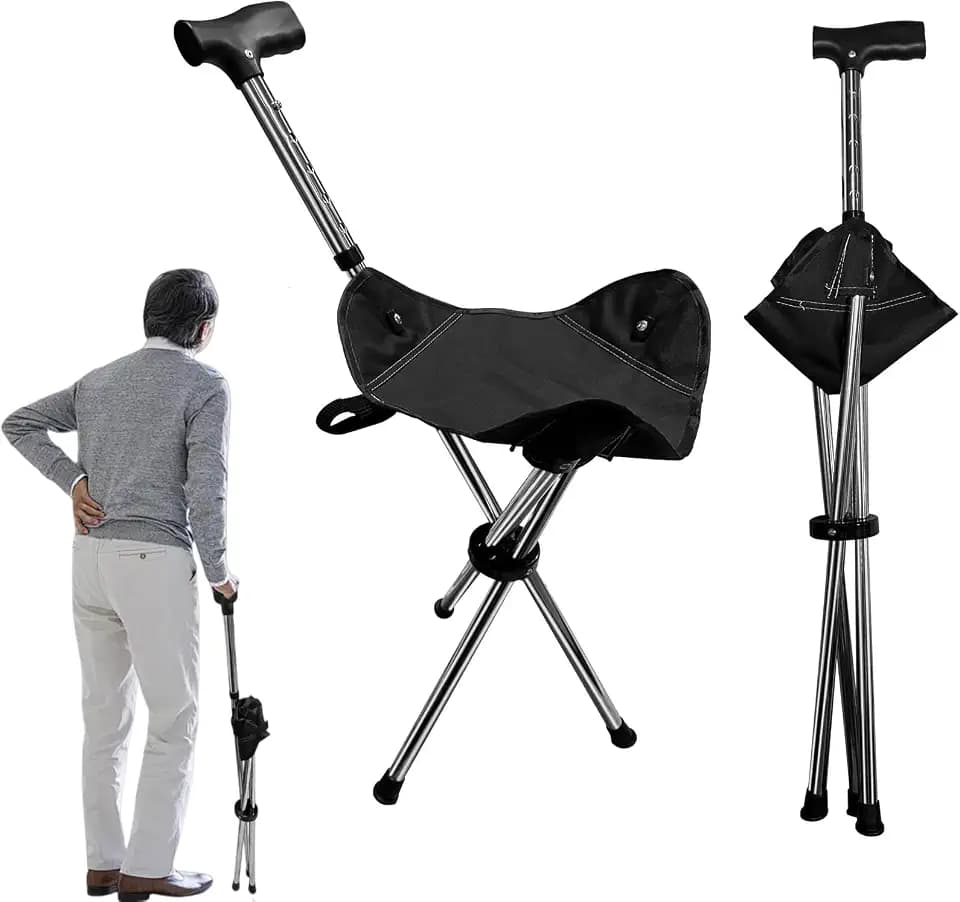 Klappbarer Gehstock mit Sitz und 3 Beinen, Faltbare, Höhenverstellbare Gehstöcke mit Bluetooth-Ortungsalarm und 3 Beinen, Sitzstock 150 kg, Leicht Schiebestock für Senioren & Erwachsene