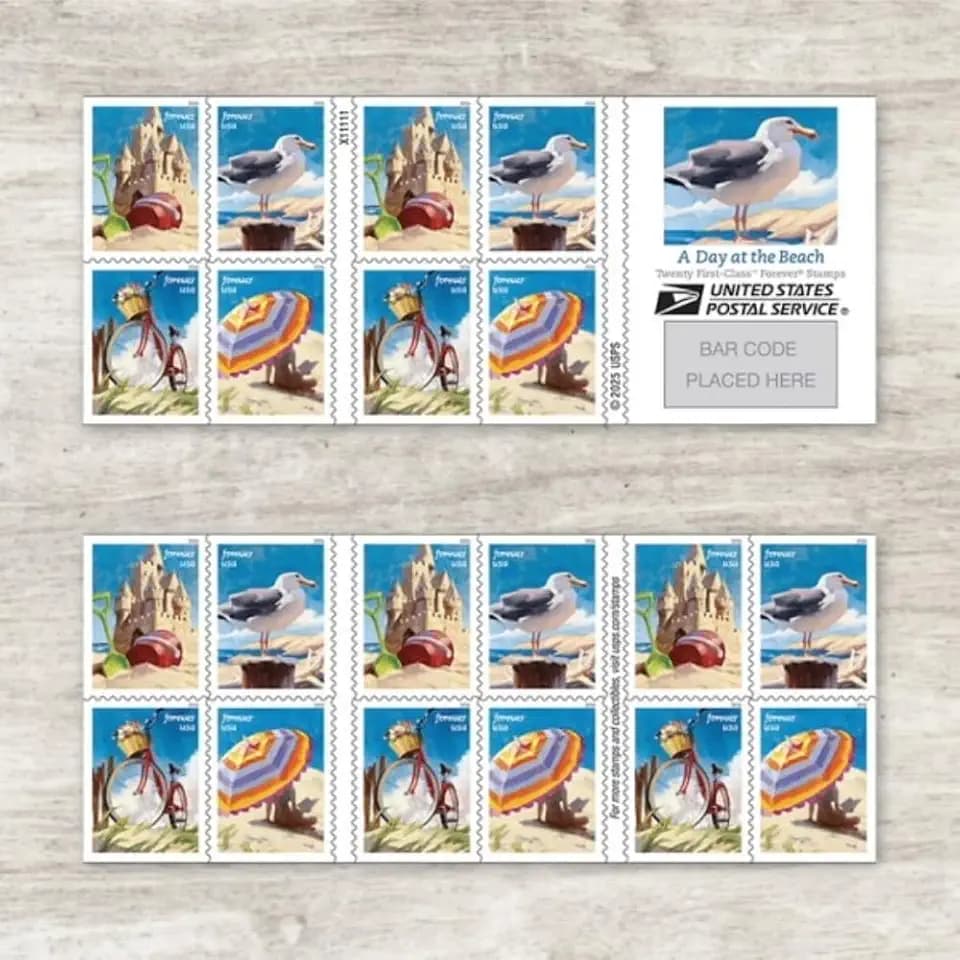 A Day at the Beach 2026 (2 Books of 20) Four Scenes of Seaside Charm First-Class Mail Forever Postage Stamps