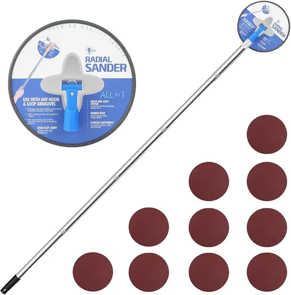 Drywall Pole Sander, 9 Inch Radial Sander with Adjustable Extension Pole, 360°Rotatable Round Circular Hand Sanding Head for Ceilings & Walls, Includes 10pcs Sanding Sheets (80,100,120,180,240 Grit)