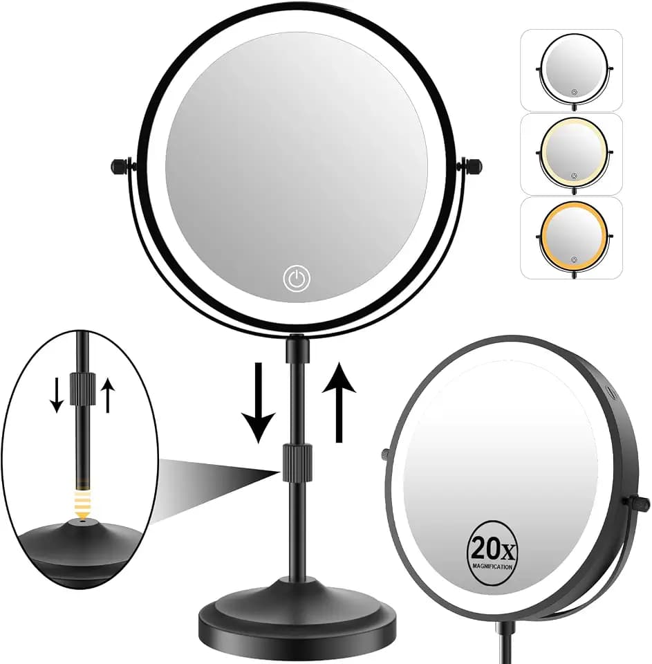 9" Tall Lighted Makeup Mirror with Lights and 1X 20x Magnification, Black
