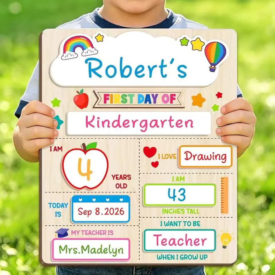 First Day of School Sign Board with 6 Markers, 12'' x 10'' School Board with Stand for Back to School Supplies for Kids, My First and Last Day of Reusable Wooden Chalkboard for Kindergarten Preschool