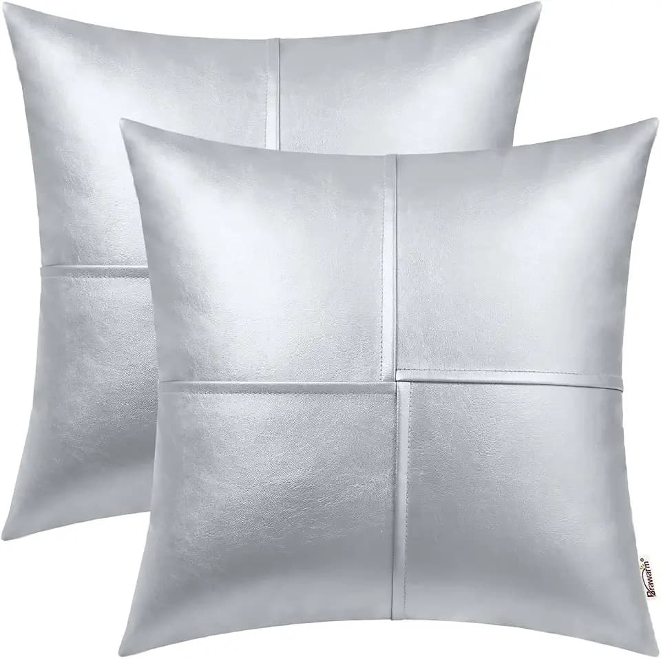 BRAWARM Silver Faux Leather Throw Pillow Covers 16x16 Inches, 2 Pack