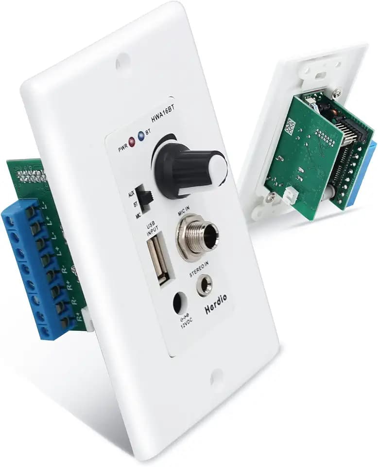 Herdio Bluetooth-Wandverstärker, 4 Kanäle, Lautstärkeregler, Wandplatte, USB/MIC/AUX (3,5 mm) Eingänge, verbinden 4 Lautsprecher