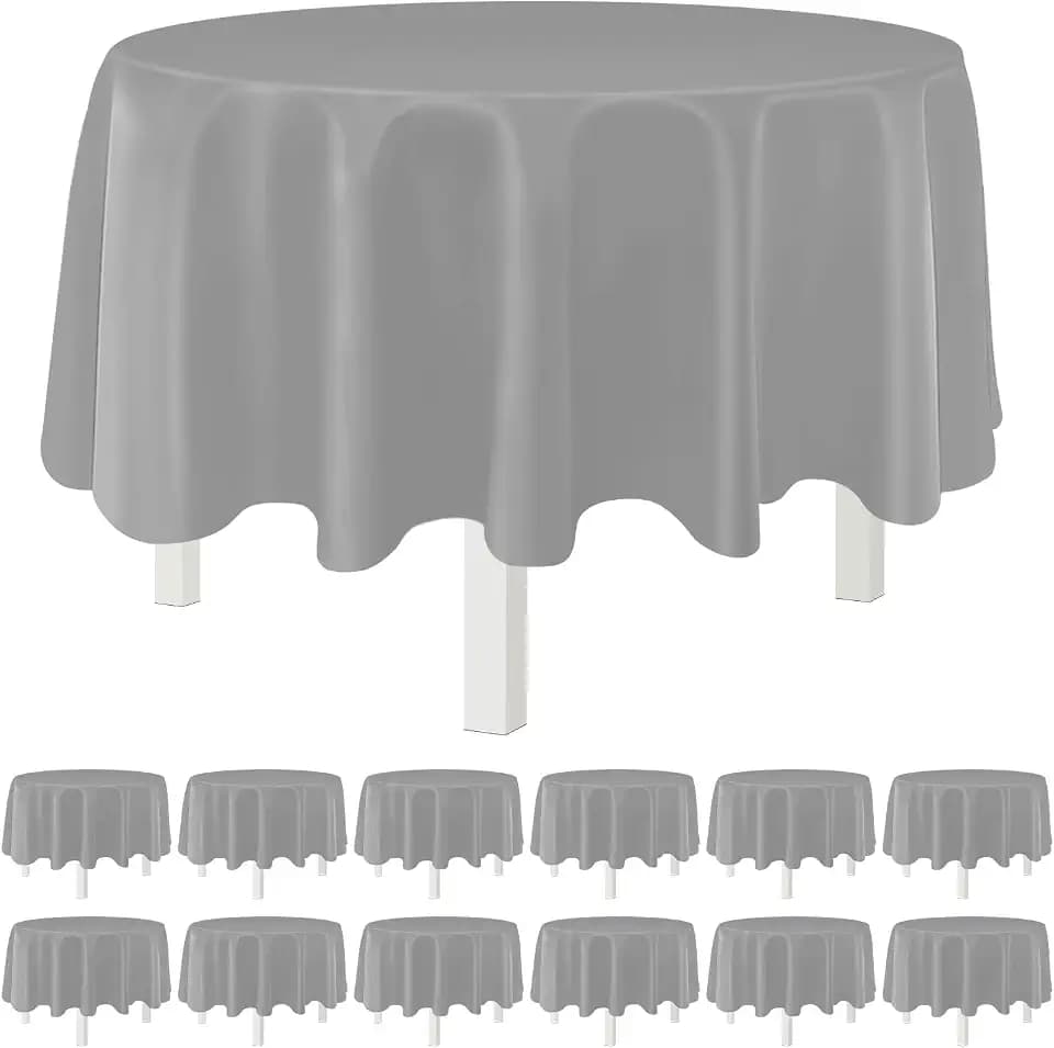 Silver 12 Pack Plastic Tablecloths 84" Disposable Round Table Cloth Plastic Table Cover for Party Disposable Tablecloths