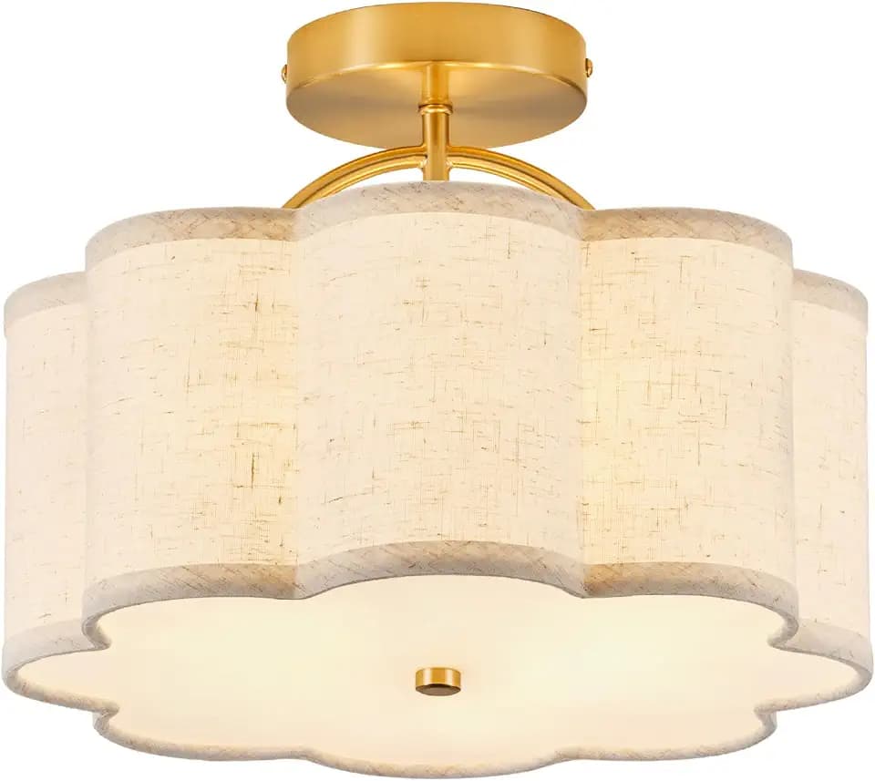 13.5" Semi Flush Mount Ceiling Light Fixture for Bedroom, 3-Light Flower-Shape Modern Close to Ceiling Light with Fabric Shade for Hallway Nursery Kitchen Island(Hemp-Color)