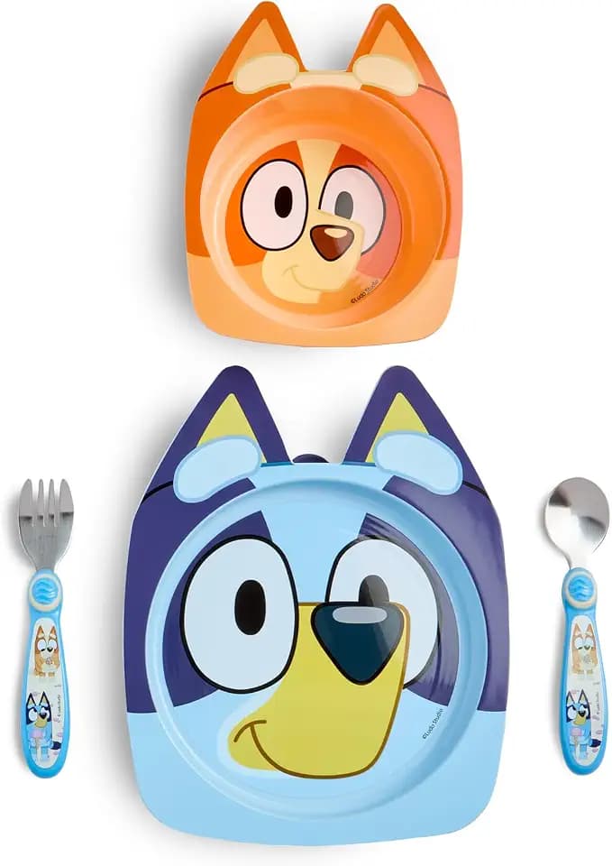 The First Years Bluey Kids Dinnerware Set - Includes Bluey Suction Plate, Bingo Suction Bowl, and Stainless Steel Toddler Silverware - Toddler and Baby Feeding Essentials - 4 Count