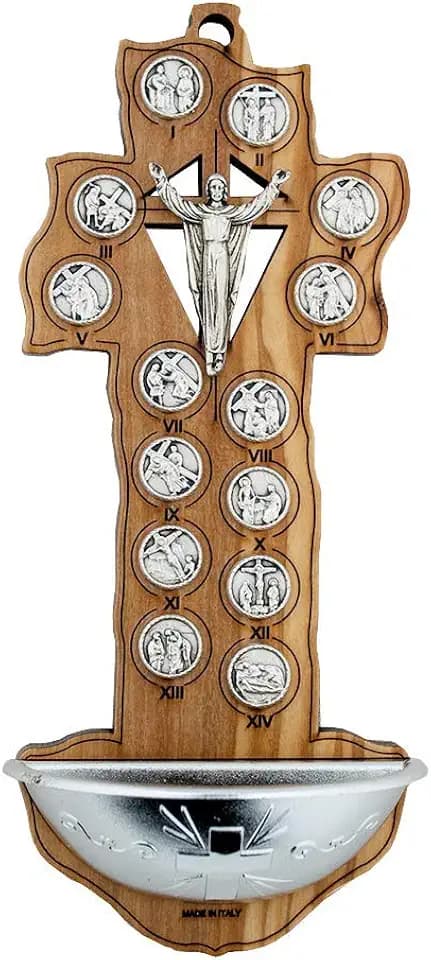 Olive Wood Stations of the Cross Holy Water Font (Crucifix-Style)