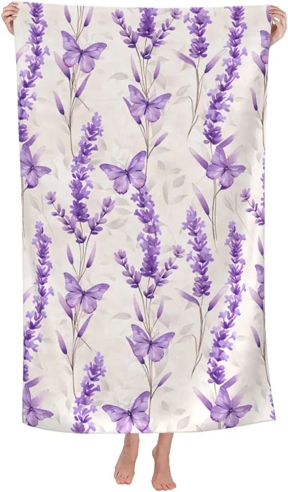 Lavender Beach Towel, 32x52in Microfiber Quick Dry Butterfly Floral Purple Flower Bloom Bath Towels, Soft Lightweight Oversized Sand Free, for Travel Pool Swimming Gym Decor, Gifts Women Girls
