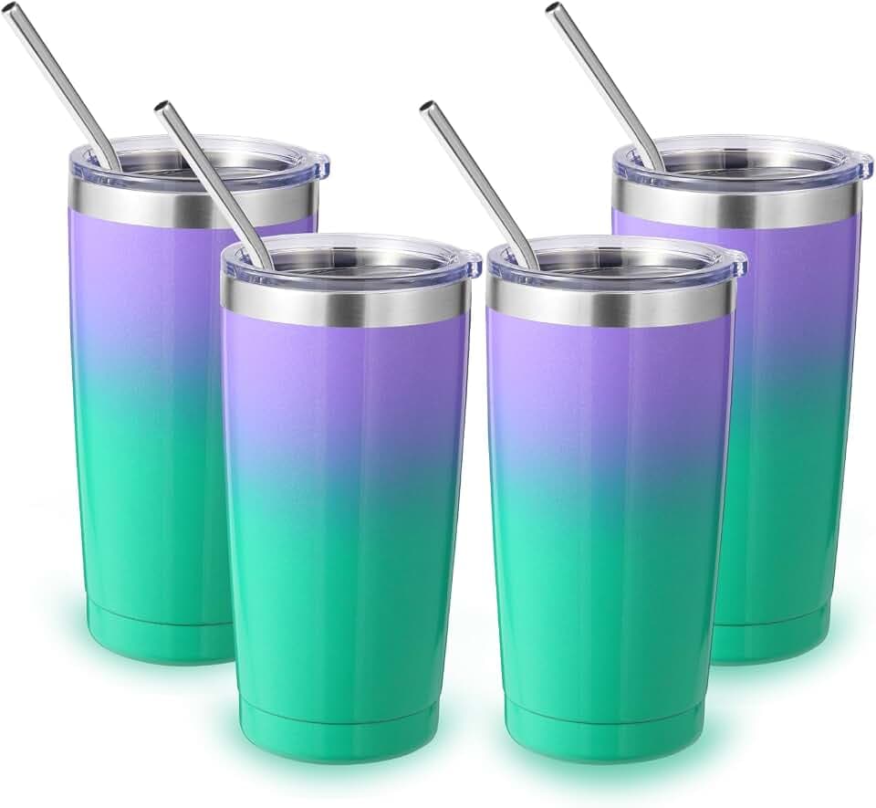 Volhoply 20oz Stainless Steel Tumbler with Lid and Straw Bulk 4 Pack,Double Wall Insulated Travel Iced Coffee Mug Fits Cup Holder,Powder Coated Cups for Cold Drinks,Gifts for Women(Purple Green,4 Set)