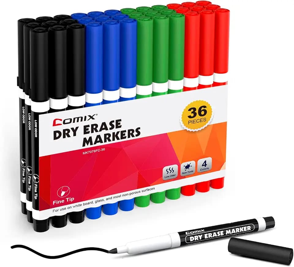 Comix Fine Tip Dry Erase Markers, Whiteboard Markers, 36 Bulk 4 Colors