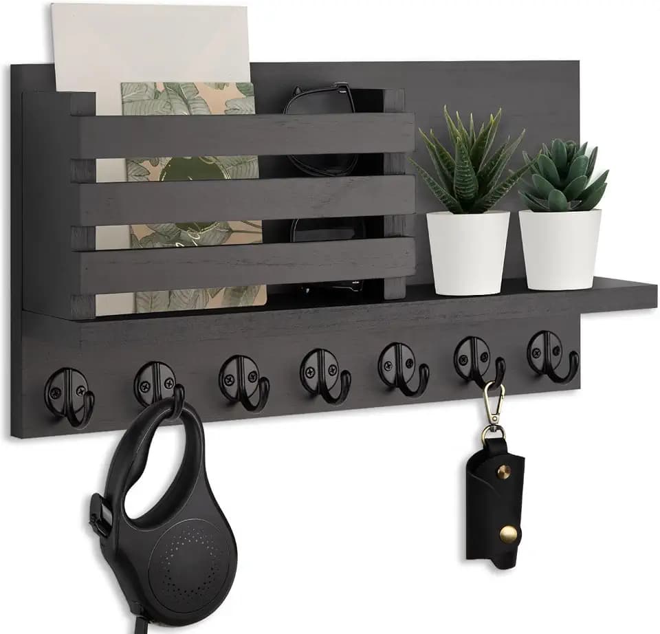 Lwenki Key Holder for Wall – Decorative Wooden Mail Holder and Key Shelf with Mounting Hardware, Installation Guide – Paulownia Wood with Metal Key Hooks (Black, Extra Large - 15.6inch)