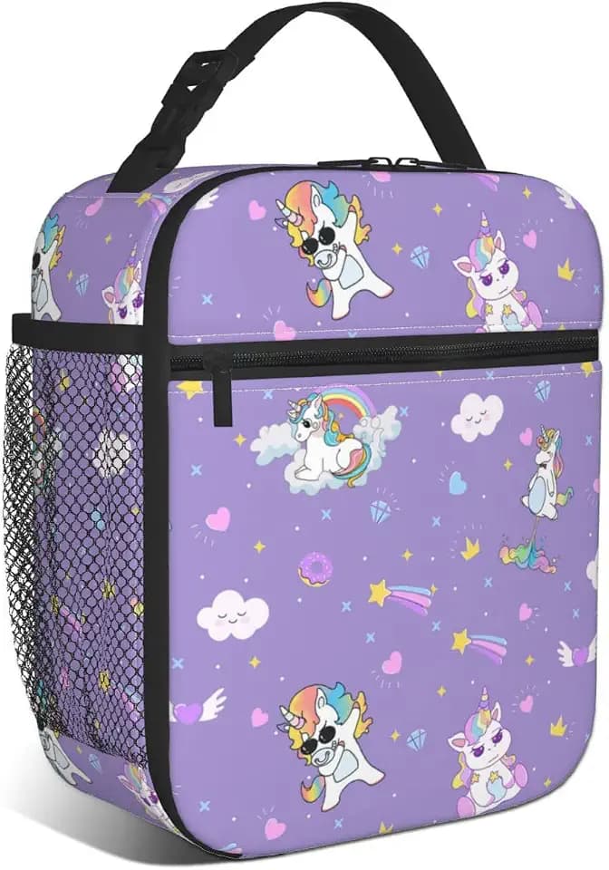 Purple Unicorn Lunch Box Kids Girls Boys Insulated Cooler Thermal Cute Lunch Bag Tote for School