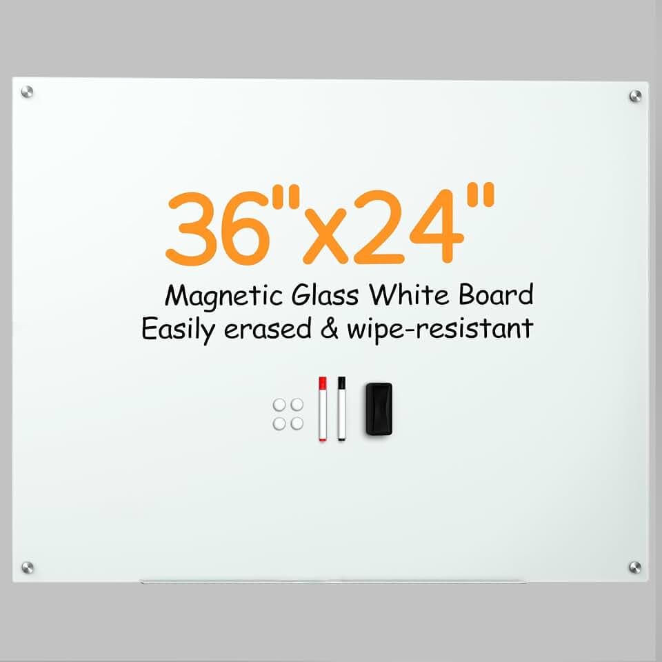 VUSIGN Magnetic Glass Whiteboard 24" x 36", Frameless Glass Dry Erase Board for Wall, Tempered Glass White Board with Strong Magnetic Surface, Wall Mounted Whiteboard for Office, Home, Classroom