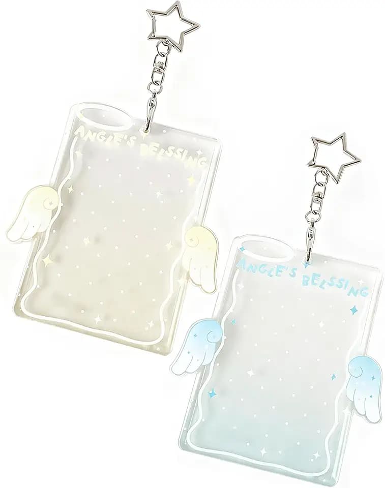 Angel Wing Photocard Holder Keychain 2 Pack- Clear Acrylic Photo Display and Badge Holder for Kpop, Student ID, Bus Card, and Credit Card (Blue Yellow)