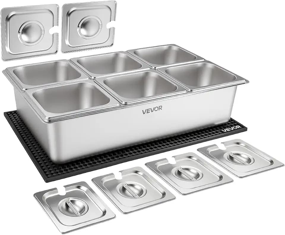 VEVOR Countertop Food Serving Display Container, Stainless Steel Food Salad Server Tray, Buffet Condiment Dispenser, Ice Cooled Rack with Separate Lid, for Restaurant, Hotel, Party (6x1/6 Pan)