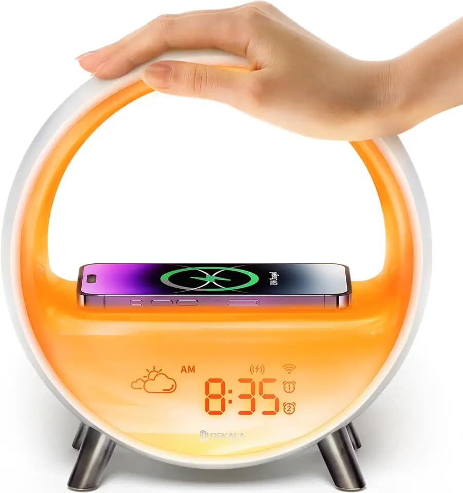 Dekala Lichtwecker Tageslichtwecker Sonnenaufgang und Sonnenuntergang Simulation, Nachttischlampe mit kabellosem 15W Laden, Touch- und App-Steuerung