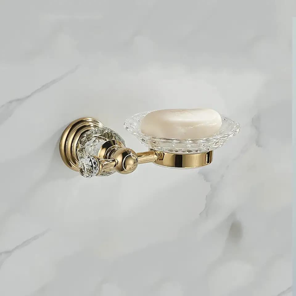 WOLIBEER Crystal Soap Dish Holder, Polished Gold Shower Soap Holder Stainless Steel Soap Saver Tray for Bathroom Wall Mounted