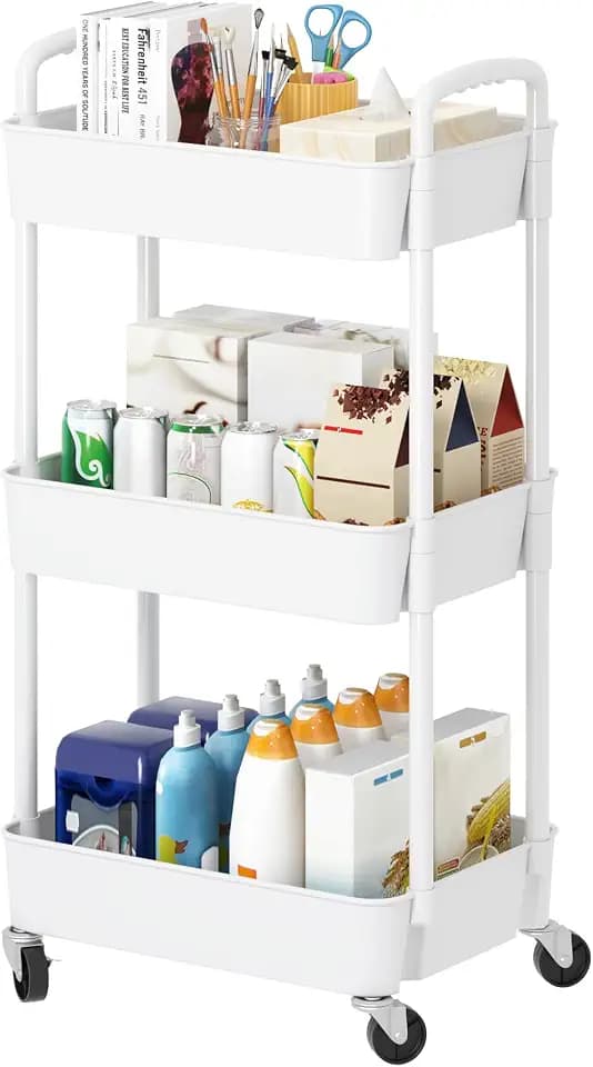 3 Tier Rolling Cart with Wheels, Utility Storage Carts,White