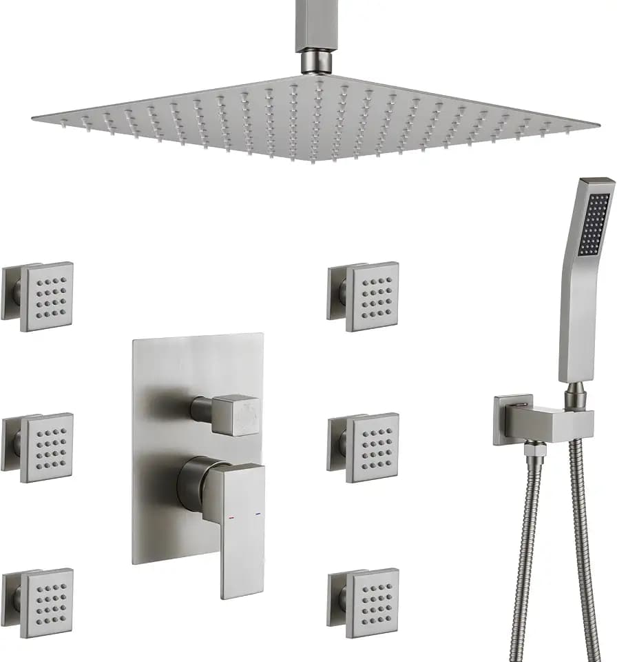 Rain Shower System With Complete 6 Pcs Body Sprays Jets And Pressured Balance Rough-in Valve,12Inch Rainfall Shower Head And Handheld, Modern Brushed Nickel Ceiling Mount Shower Faucet Sets