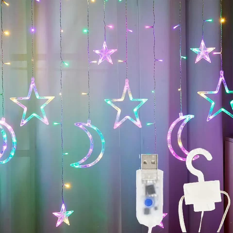 Star Moon Curtain Lights, 138 LED 7.5 FT Wide USB Powered Multicolor Window Fairy Lights, Fixed Four-Color Display with 8 Modes for Bedroom, Ramadan, Eid, Wedding and Party Decor