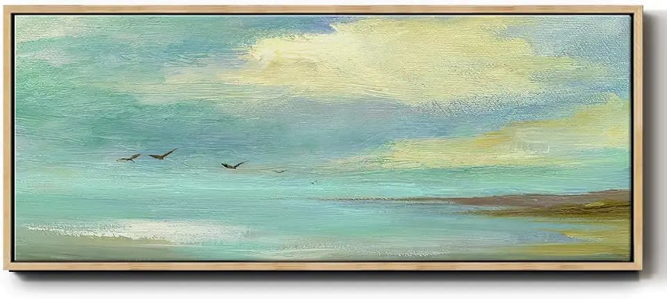 Renditions Gallery Abstract Wall Paintings Misty Seascape with Birds Drifting Floater Frame Nature Prints for School Restaurant Farmhouse - 20"x50" Natural Frame LT619