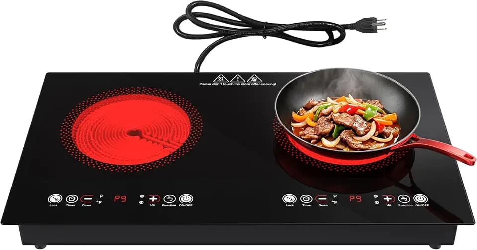 Electric Cooktop, 24 Inch 2 Burner Cooktop 110V, Built-in and Countertop Stove Top Plug in, 2400W Electric Stove, Compatible for All Cookware,Timer & Kid Safety Lock