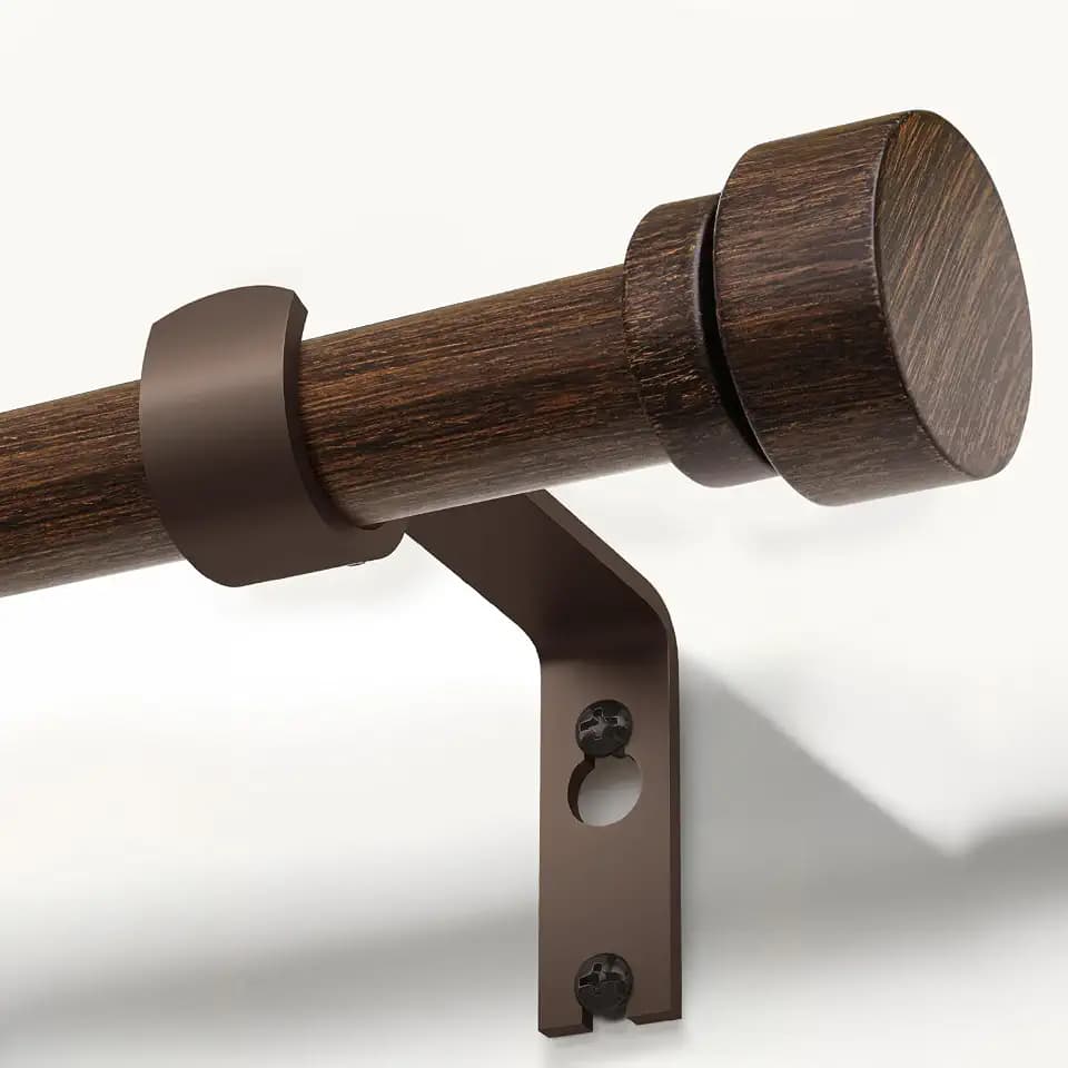Lootkell Deep Walnut Wood Curtain Rods for Windows 48 to 84 1" Diameter Heavy Duty Window Curtain Rod Adjustable with Handmade Wood Grain Design for Living Room Bedroom Kitchen Farmhouse Outdoor