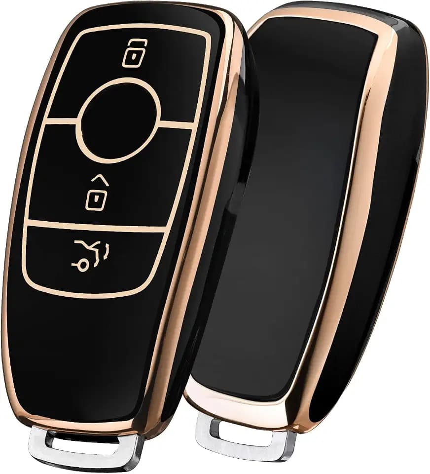 OATSBASF Autoschlüssel Hülle Geeignet für Mercedes Benz, Schlüsselhülle Cover für E Klasse S Klasse TPU Schutzhülle (Goldener Rand-Schwarz)