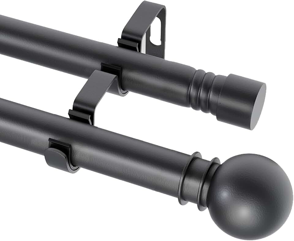Double Curtain Rods for Windows 31-96 Inches, Black Curtain Rod Set with 2 Poles & Brackets, 5/8 Inch Diameter Metal Drapery Rod for Living Room, Bedroom,Kitchen,Bathroom