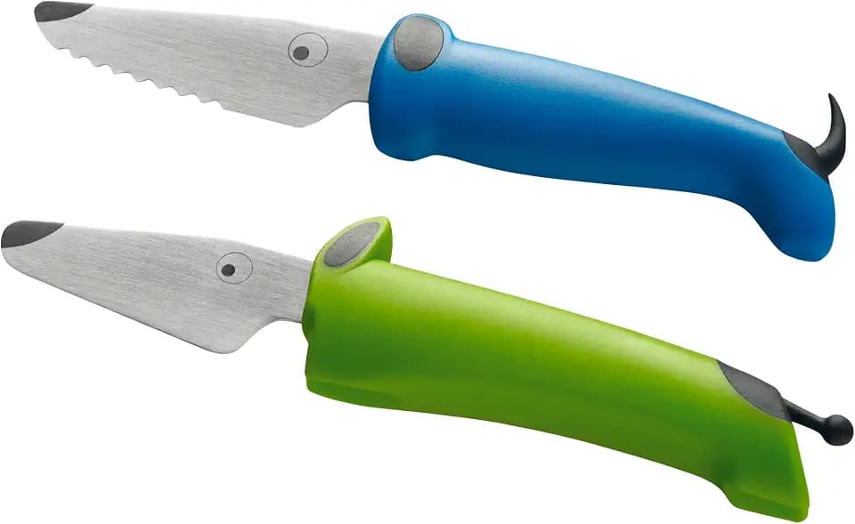 Kuhn Rikon Kinderkitchen® Kids Chef Knife Set 6", 2 Pieces, Green/Blue | Straight Edge & Serrated Knife | Cutting Tool Made for Real Cooking | Child Friendly Dog Design With Hand Guard For Safety