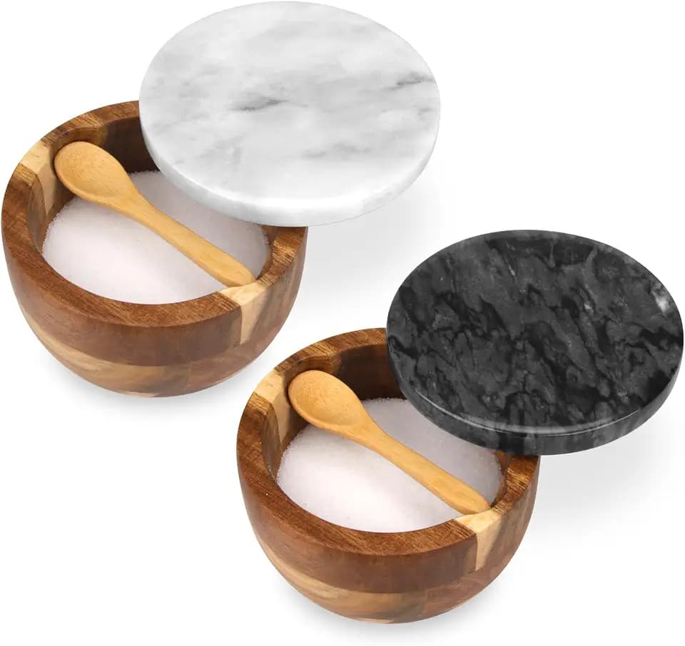 Salt Cellar Box with Lid & Spoon, Marble Lid Set